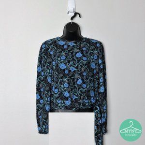 Blue Floral Boatneck Long Sleeve Tie Waist Blouse